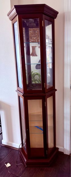 Cherry corner curio display cabinet with glass shelves