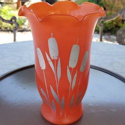 Vintage Bright Orange Vase With Ruffled Trim And Painted Silver Cat Tails