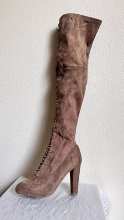 Taupe Suede Over-the-Knee Lace-Up Heeled Boot