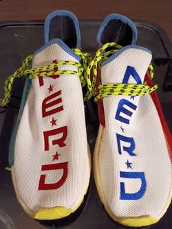 ADIDAS MEN'S NMD HU PHARRELL RACE TRAIL WHITE EMBROIDERED NERD SHOES SIZE 11