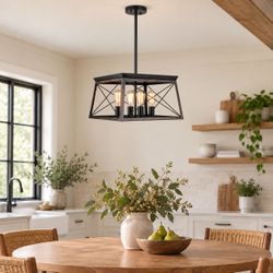 4-Light Farmhouse Cage Chandelier - Black Wood-Look - New