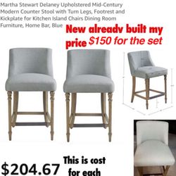 New Martha Stewart Delaney Upholstered Mid-Century Modern Counter Stool with Turn Legs, Footrest and Kickplate for Kitchen Island Chairs $150 Firm no 