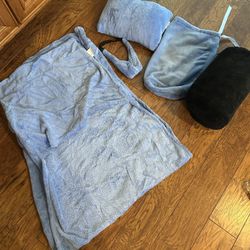 4 Piece Travel Set, Pillow, Hooded Blanket, Eye Or Headband & Tote Bag