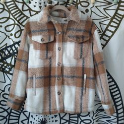 The Avec Les Filles Plaid Shacket Medium in Camel-Oat-Blue