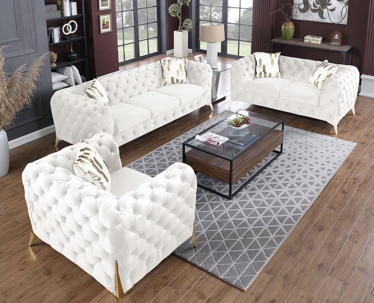 New Chesterfield Luxury White Microfiber Three Piece Couch Set
