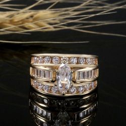 Luxury 925 Sterling Silver Yellow Bridal Engagement Wedding Ring