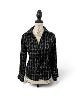 ZARA Woman Fitted Structured Plaid Tweed Shirt Black White Button Blouse Size S