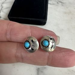 Vintage 925 Sterling Silver Native Am. Turquoise Earrings W/ Cut Out Dancer , Studs , Butterfly Backs , Marked Sterling On The Post 