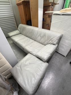 Gray Leather Sofa with Ottoman