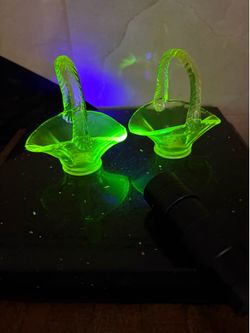 Vintage Vaseline Uranium Glass Miniature Yellow Canary Baskets with Twisted Handles