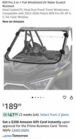 RZR Pro 2-in-1 Full Windshield UV Water Scratch Resistant Hard Coated PC; Mud Dust Proof; Front Windscreen; Compatible with 2025-2026 Polaris RZR Pro 