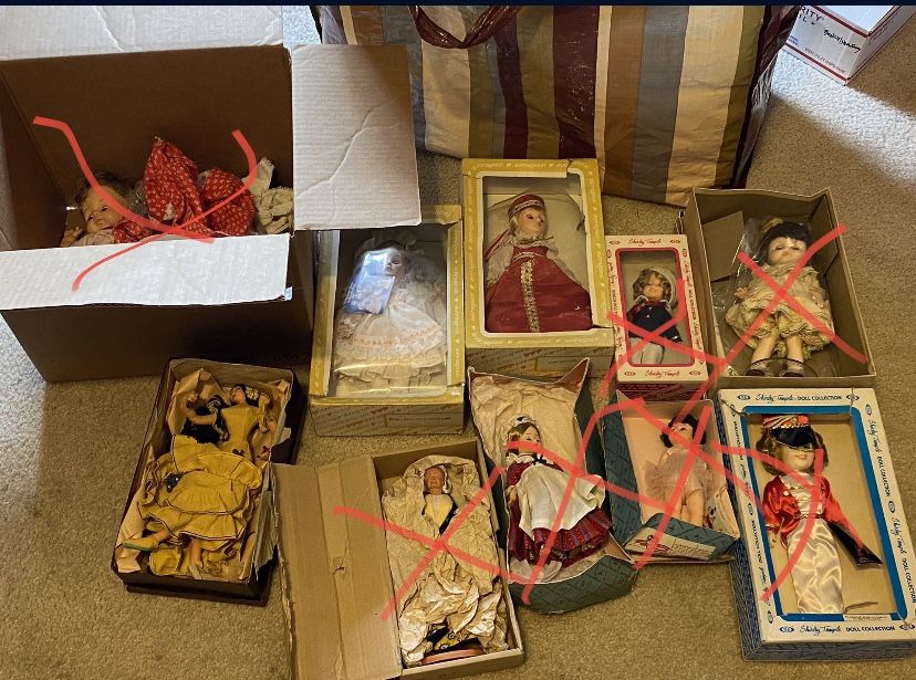 Huge Bag of Antique Vintage Dolls in Boxes + Extra Dresses Jewels + Porcelain Ceramic Pets   