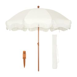 7ft Portable Outdoor Patio Beach Umbrella with Fringe Sand Anchor Tilt UPF 50 White