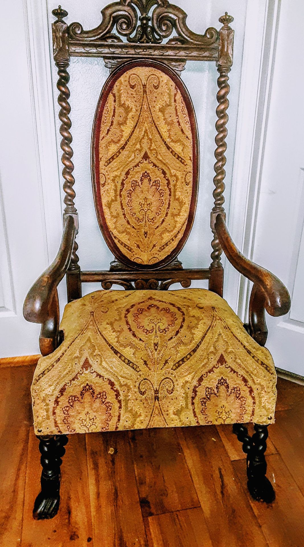 Original throne Antique Chair, Twisted Legs, Original Woven Material.