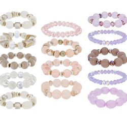 Pink, Purple, & White Beaded Gold Tone Set of 14 Stretch Bracelets