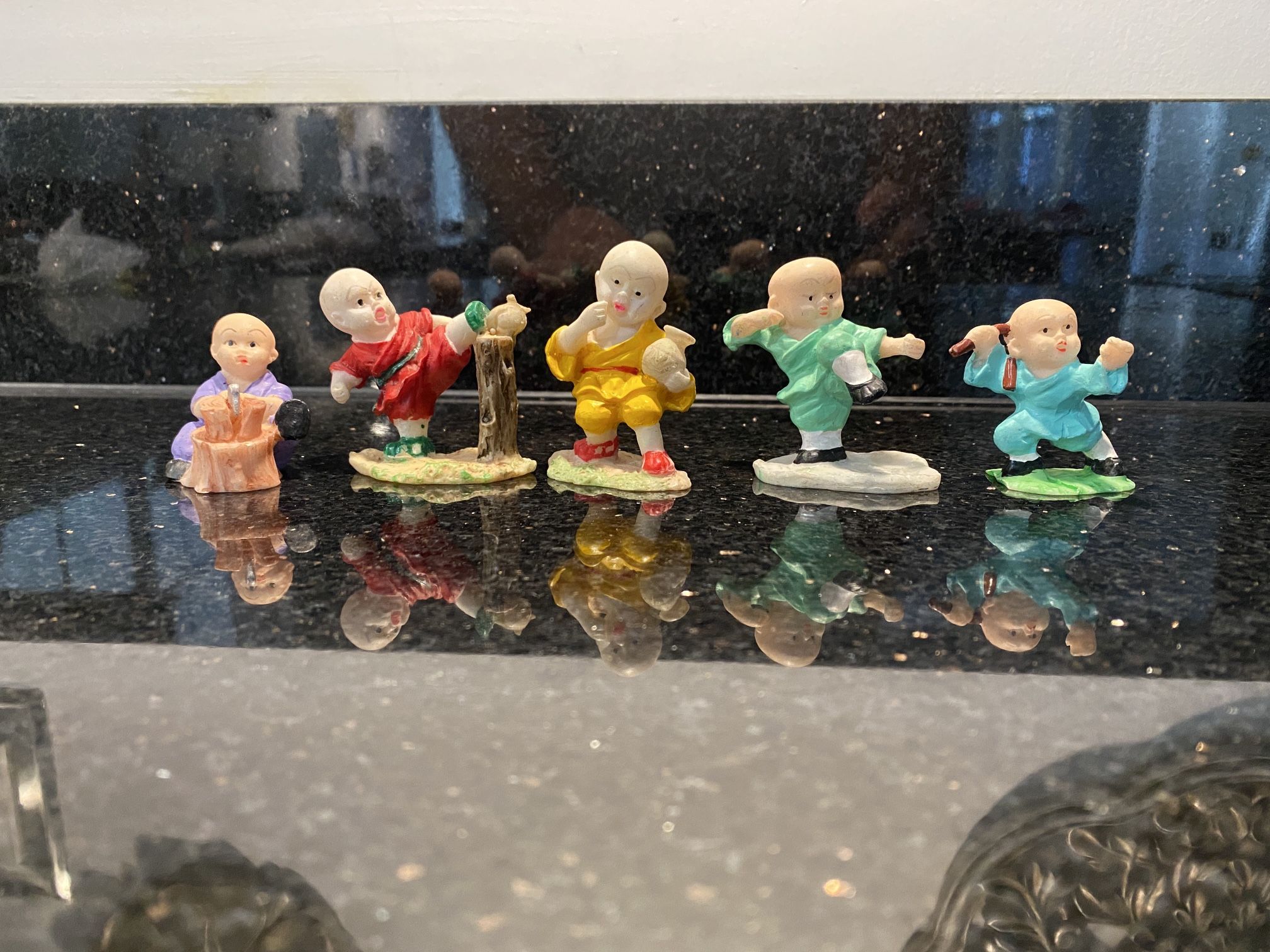 5 Tiny Chinese Shaolin Monk Figurines in Kung Fu Stance Ceramic 1 1/2" MAXIMARK