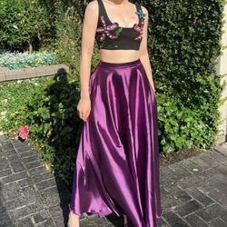 Embroidered beaded cropped top satin skirt Formal Cocktail Gown 