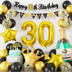 30th Birthday Decorations for Him Her, Black Gold Thirty Birthday Decoration with Number 30 Balloons Happy Birthday Banner Bunting Cake Topper for Men