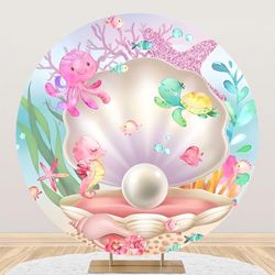 Baocicco Cartoon Pearl Mussel Round Backdrop Cover Sparkling Pearl Starfish Underwater World Circle Photo Background for Baby Shower Fairy Tale Birthd
