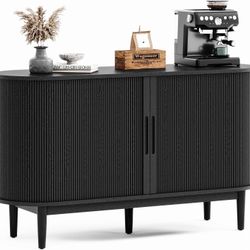 LINSY HOME 55" Sideboard Buffet Cabinet,Tambour Sliding Doors & Drawer Black Fluted Coffee Bar Cabinet with Large Storage, Mid Century Mod