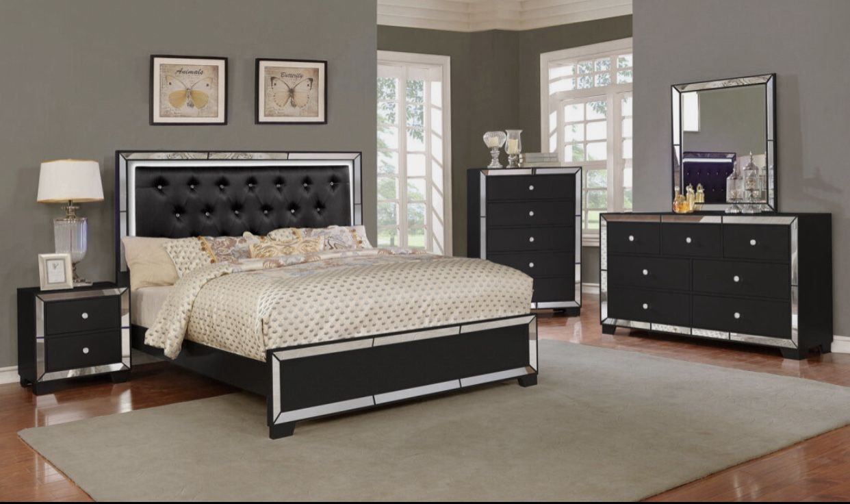Bedroom set 4pc Queen including Q Bed Frame Dresser Mirror one Nightstand