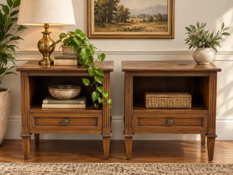 MCM Nightstands Side Tables Pair Drexel Mid Century Vintage Traditional Grandmillennial Wood Project Pieces Retro Solid Wood