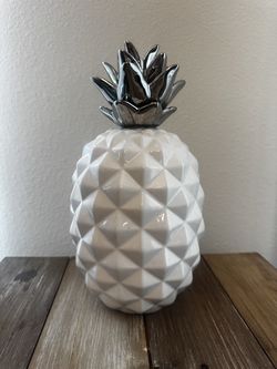 White Ceramic Pineapple Jar with Silver Crown Lid - Hospitality Decor