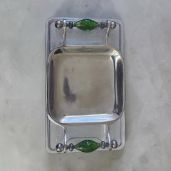 Stainless Steel Serving Tray with Green Glass Bead Handles
