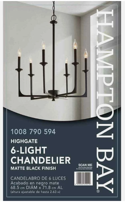 Hampton Bay 'Highgate' 6-Light Matte Black Chandelier - NEW - Open Box