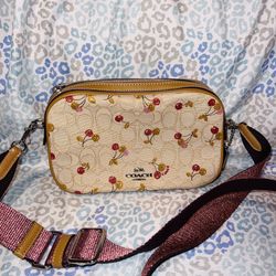 Authentic Tan Coach Isla Chain Cherry Crossbody Signature Jacquard F30610 Khaki