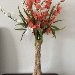 Tall Artificial Floral Arrangement with Rustic Vase – Coral & White