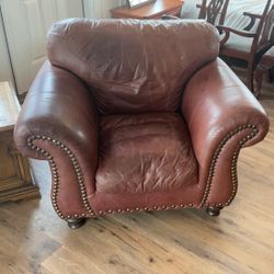 Brown Leather Armchair – Nailhead Trim – Comfortable & Solid