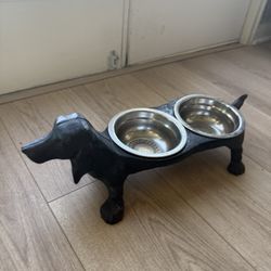 Dachshund Vintage Dog Food & Water Bowl Cast Iron Stand 18.5"L x 8"W