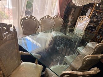 French provincial dining table chairs and glass table