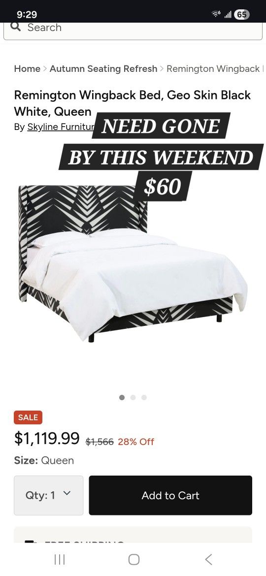 Wingback Geo Skin Black White Queen Bed Frame