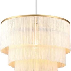 Pendant Light, Gold with White Fringe