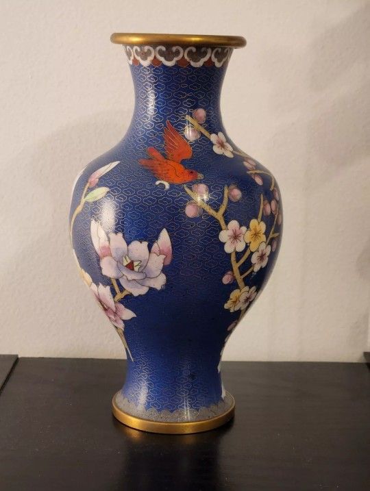 Vintage Jingfa Cloisonne Vase with Flowers, Bird, and Cherry Tree