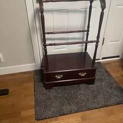 Vintage Mid Century Modern Solid Wood Quilt, Blanket, Towel Rack Stand With Single Drawer Storage