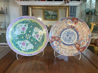 2PC Japanese Large size rose famille plates