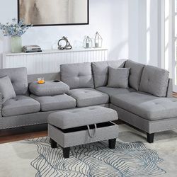 Gray Sofa Sectional w/ Drop Down Cup holder & Storage Ottoman