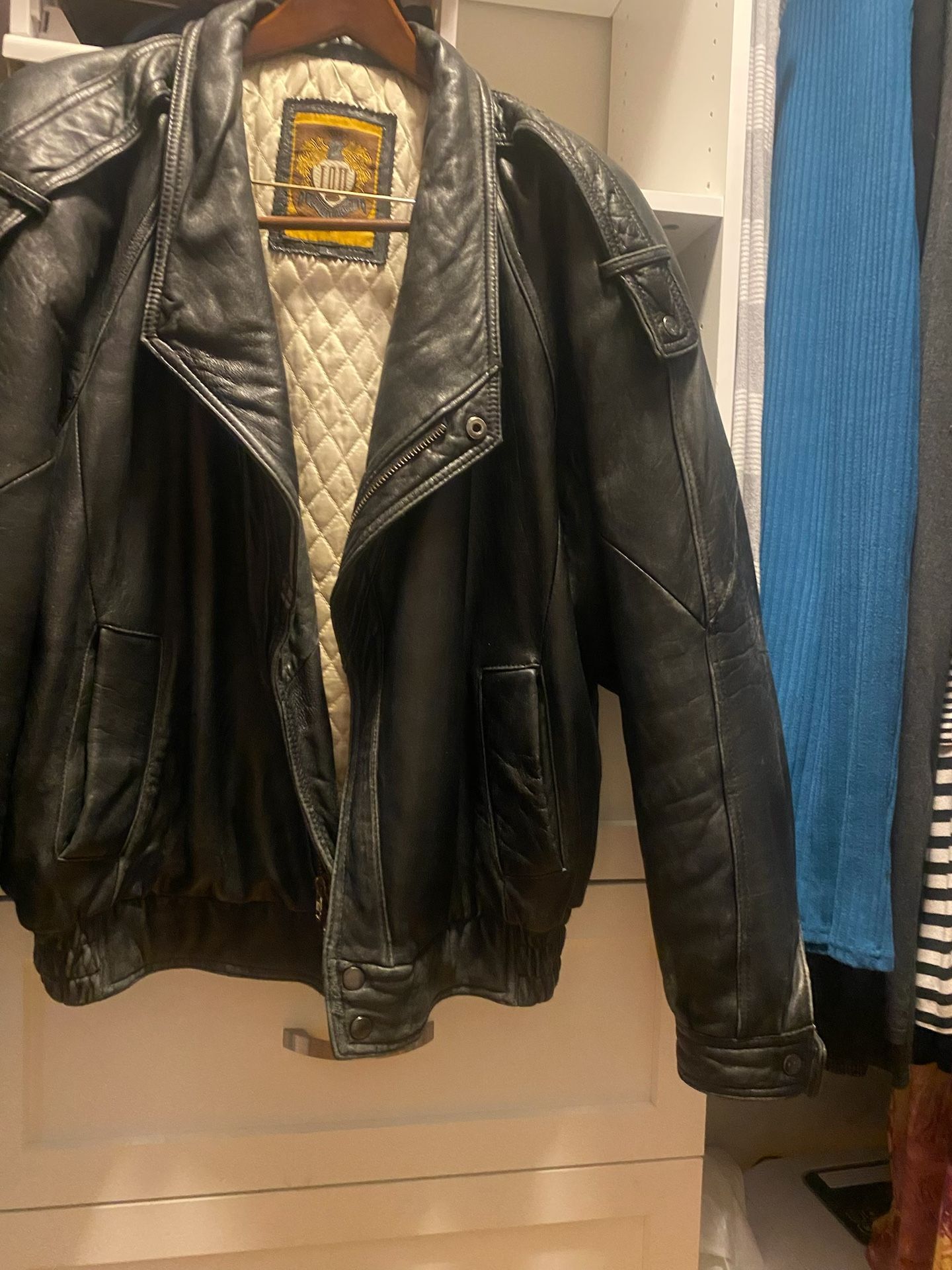 Vintage Black Leather Jacket – IOU Brand – Quilted Lining (Size L)
