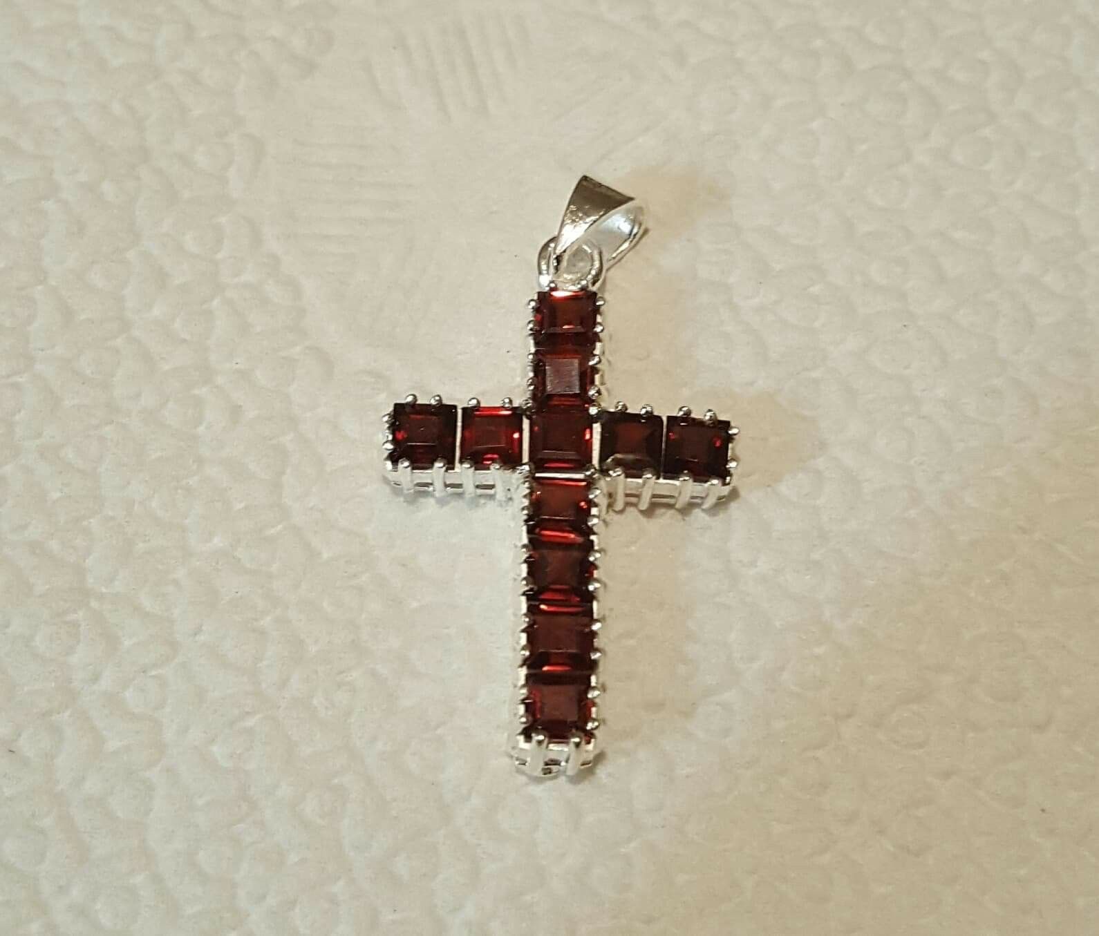 Genuine 1.7 Inch .925 Solid Sterling Silver Garnet Cross Pendant.