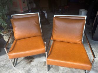 Pair of Modern Tan Faux Leather and Chrome Lounge Chairs