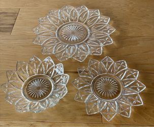 Glass pedal design plates and bowl. 9” and 6” plates and 5 1/2” bowl.