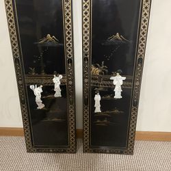 Set Of Two Vintage Black Lacquer w: Mother of Pearl &Gold Hand Painted Design Panels