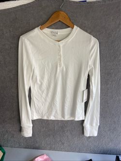 PJ Salvage White Ribbed Henley Long Sleeve Top