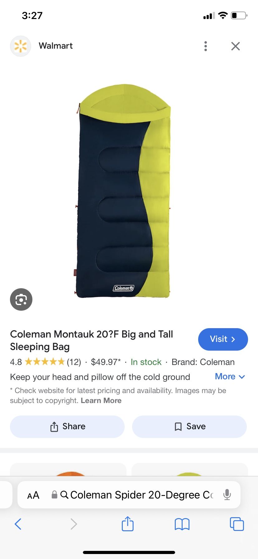 New Coleman Sleeping Bag Big & Tall Size XL