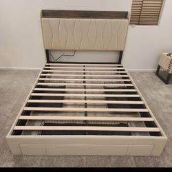 Queen Upholstered Bed Frame with drawers and charging station with AC outlets/USB ports