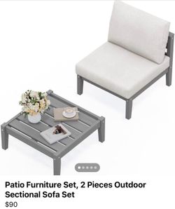 HDPE Patio Furniture Set, 2 Pieces Outdoor Sectional Sofa Set, All-Weather Wood-Like Outdoor Sofa Couch with Coffee Table for Deck, Lawn, Grey Frame w