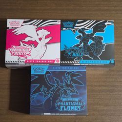 Pokemon Cards Scarlet and Violet Black Bolt, White Flare and Mega Evolution Phantasmal Flames Elite Trainer Boxes